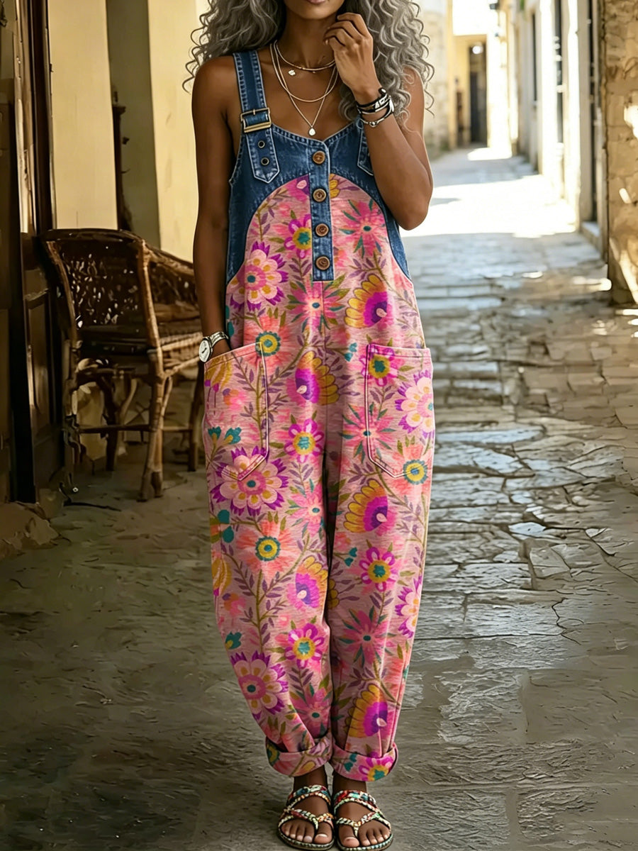 Women's Retro Style Print Washed Cotton Denim Patchwork Jumpsuit